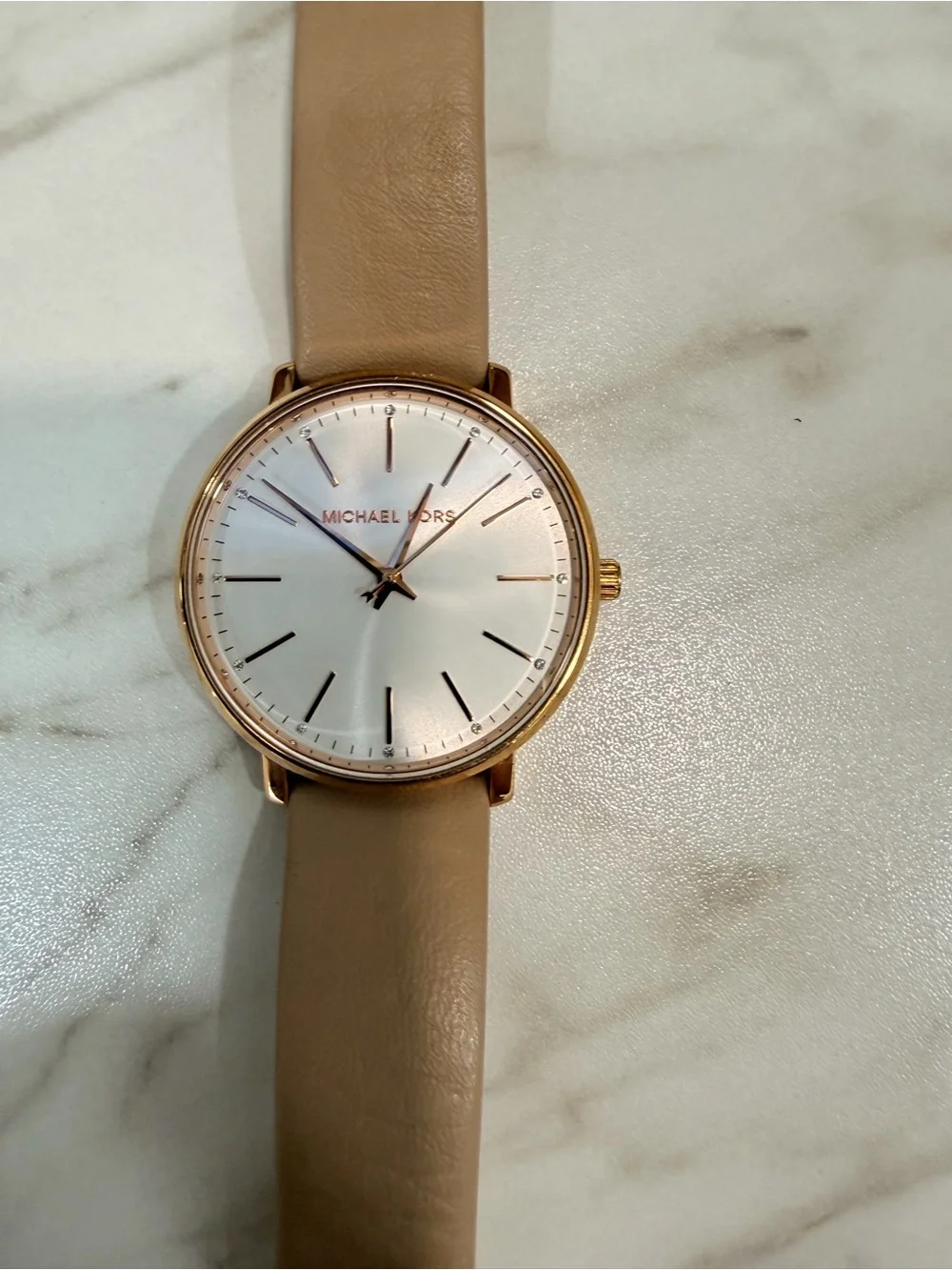 Michael Kors Gold-Tone Case Cream Leather Strap Minimalist Watch
